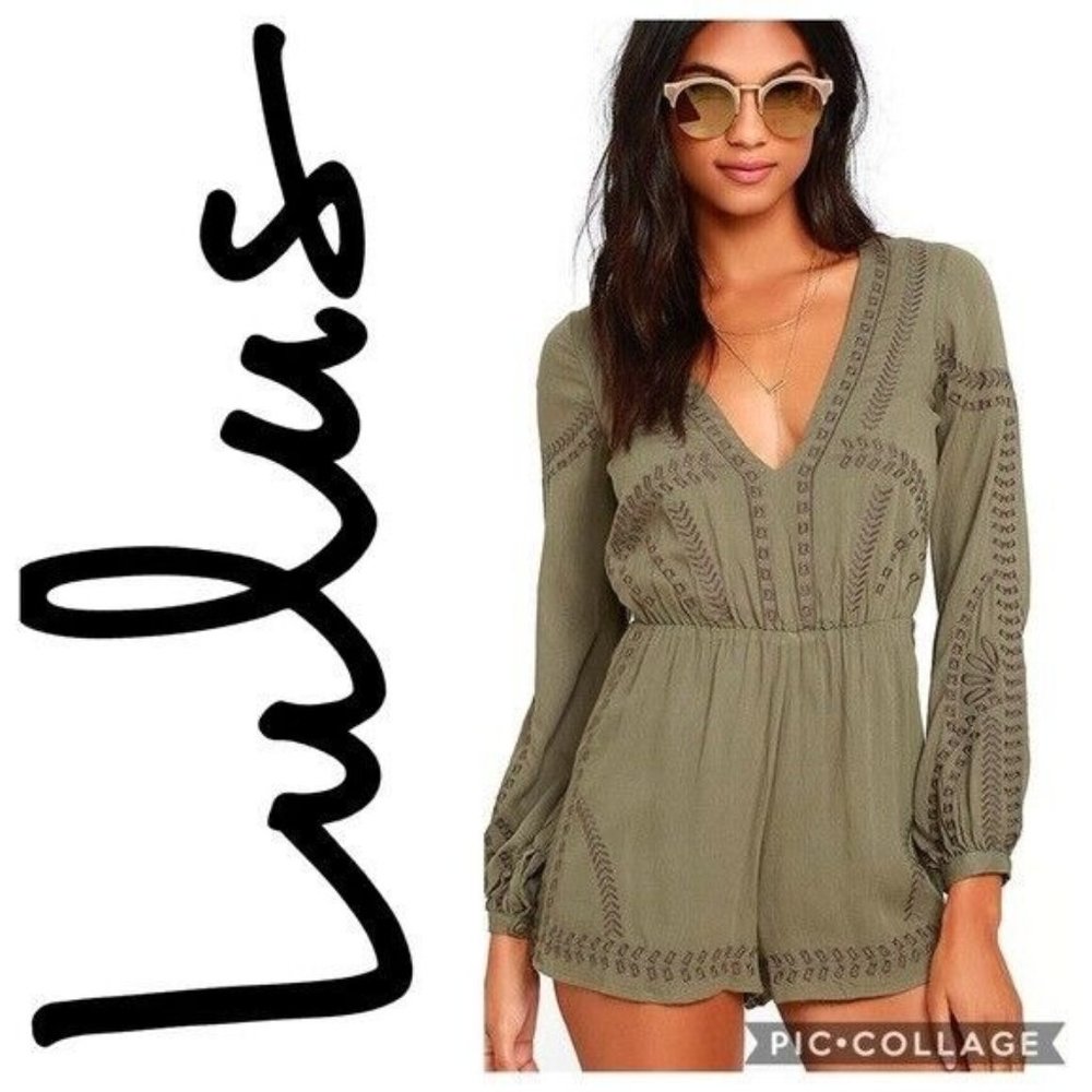 Lulus Postcards from Cabo Olive Green Embroidered Long Sleeve Romper Lined Sz S